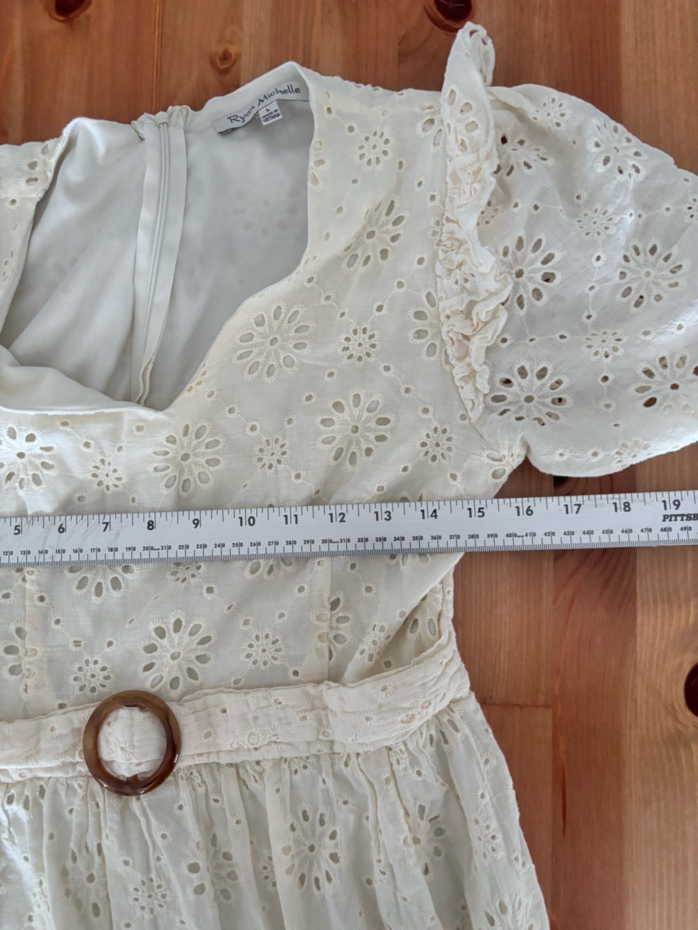 Cream Eyelet Midi Dress with Belted Waist - Picture 6 of 7